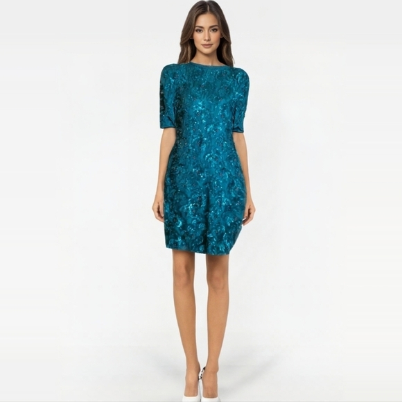 Pinky Creations 80's Teal Blue Fully Sequined Keyhole Back Midi Sheath Dress